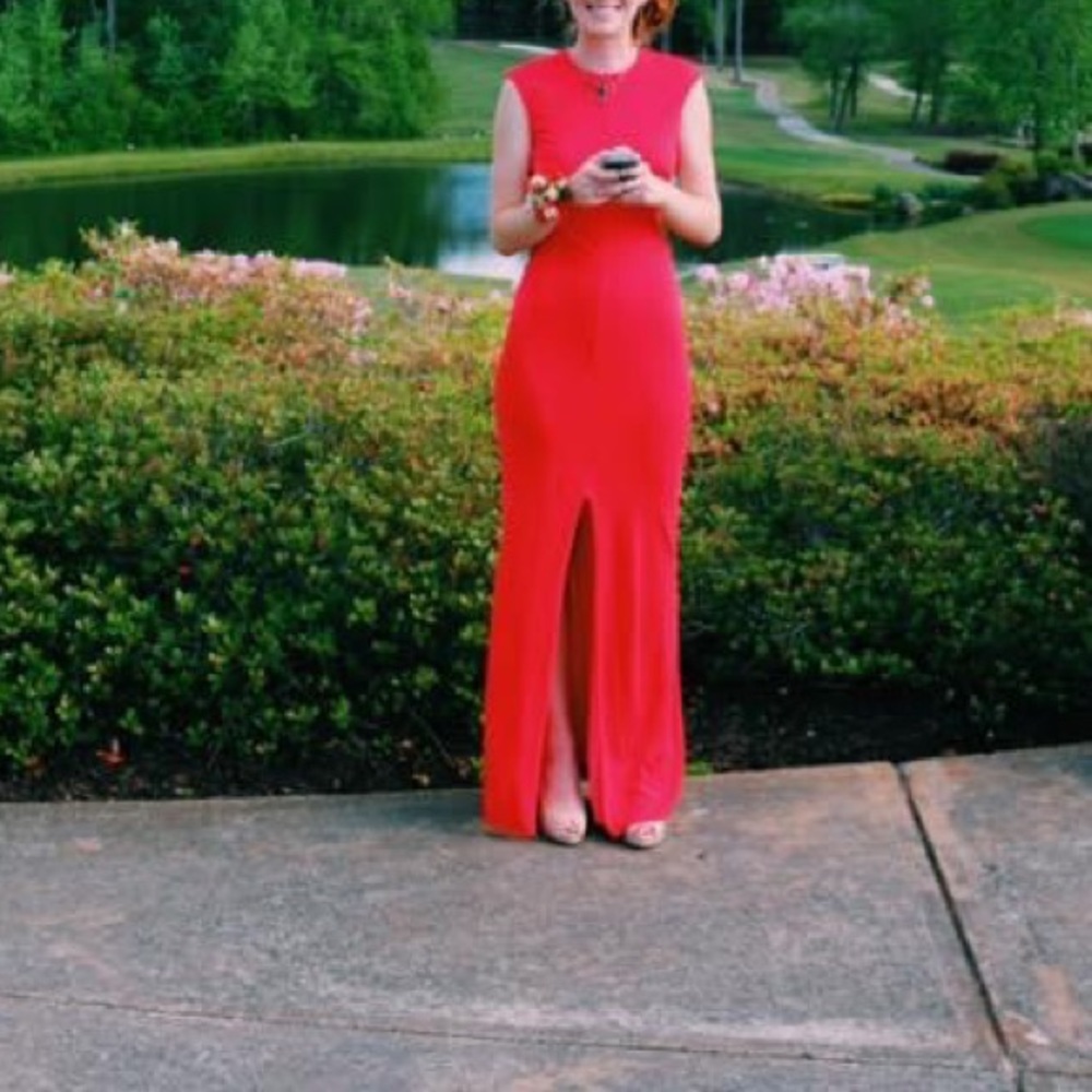 Floor length bright red dress, backless